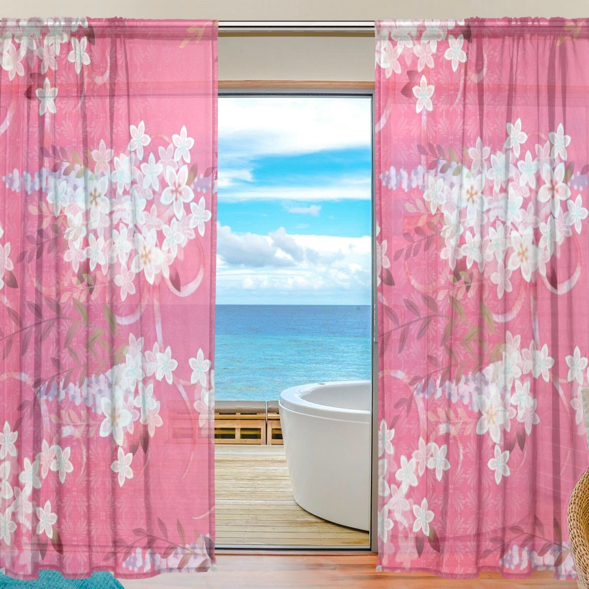 ピンク 薄手 レースカーテン 北欧 花柄 オーダーカーテン 透け感